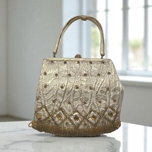 VTG Soure Beaded Evening Bag Gold Textured Beaded Clasp Fringe Rhinestones READ
